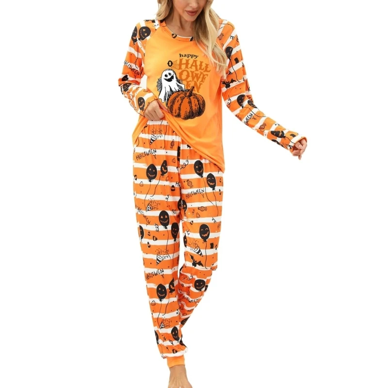 634C Women Halloween Pajama Set Casual Pumpkin Loungewear Set Long Sleeve Sleepwear