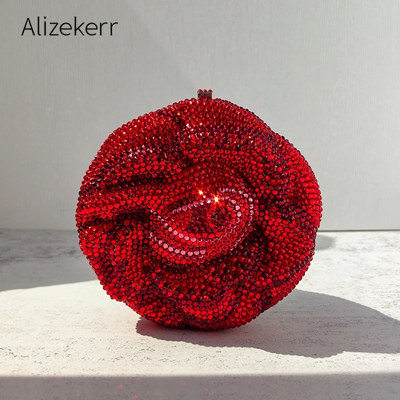 Alizekerr Rose Shaped Crystal Evening Bags Women Gorgeous Chic Rhinestone Flower Clutch Purses And Handbags Bridal Wedding Party