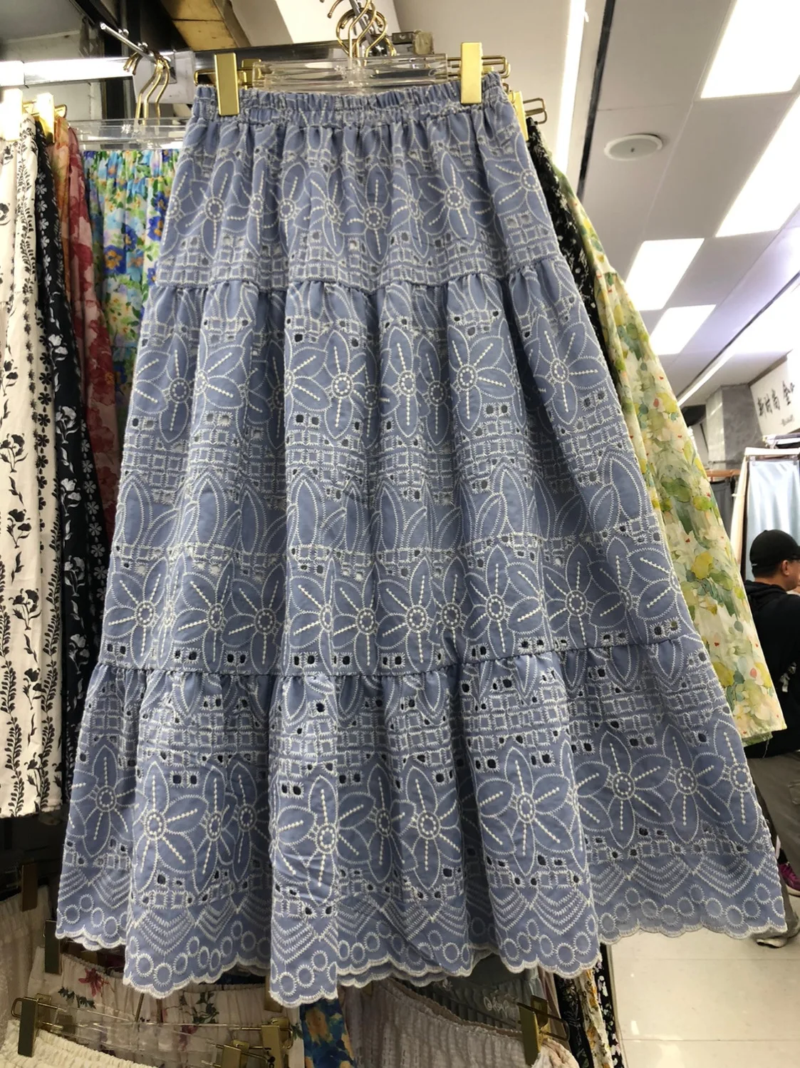 

Синяя вышитая женская юбка с высокой талией и цветочным принтом, весна-лето-осень, новая длинная юбка трапециевидной формы Sle Sweet Sle