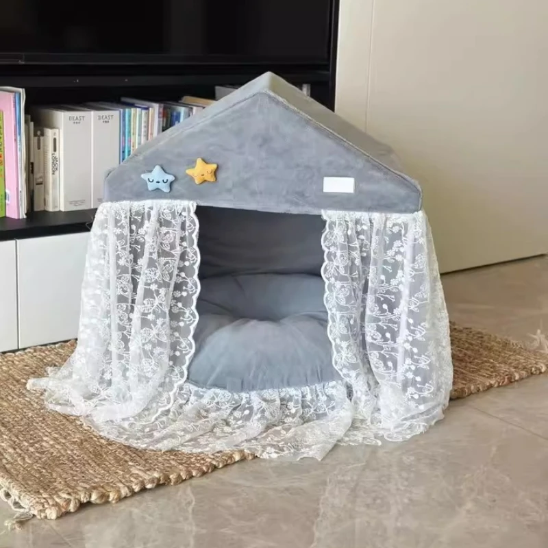 Princess Style Pet Bed with Lace Trim Washable Dog or Cat House for All Seasons Animal Tent with Removable Cushion Dog Kennel