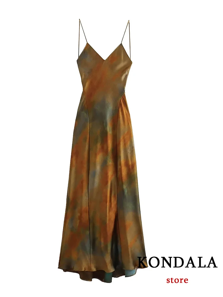 KONDALA Vintage Tie Dye Stampa Abito in Raso da Donna con Scollo a V Sexy Cami Dress Moda 2023 Estate Backless Vacanza Lungo Mujer Abiti