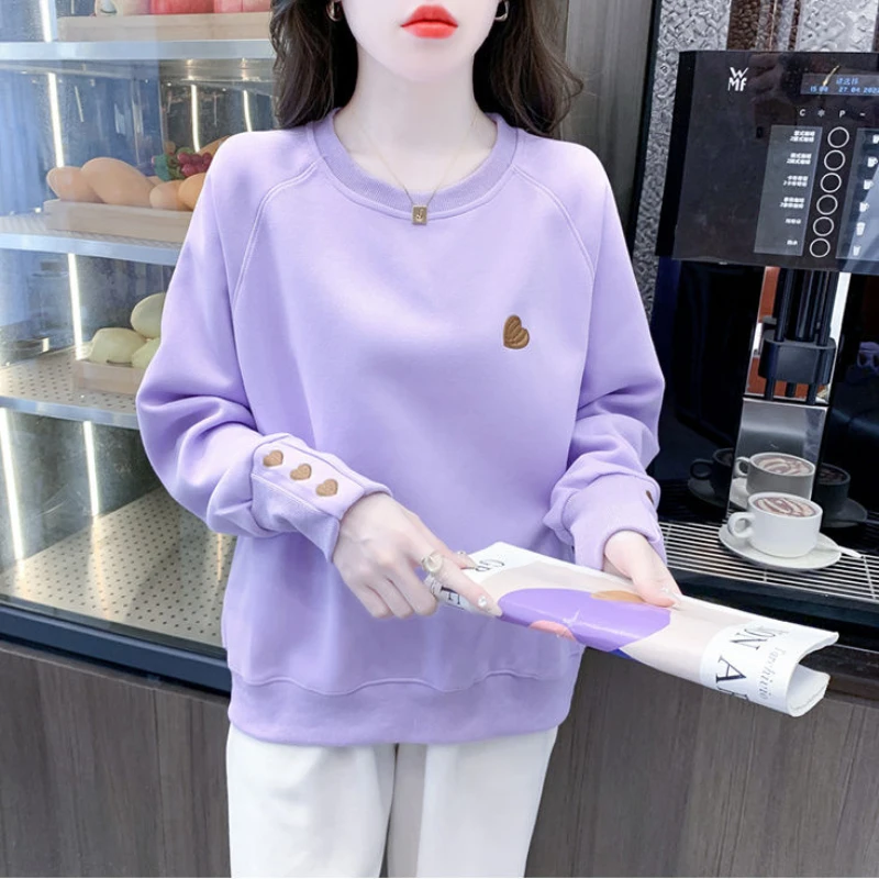 Simplicity Casual Autumn Winter New Women O-Neck Love Embroid Korean Fashion Trend Versatile Loose Long Sleeve Sweatshirts Tops