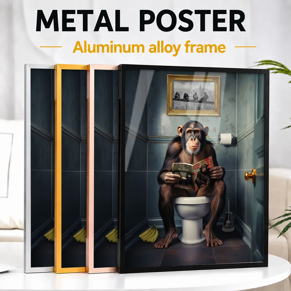 Monkey Reading Newspaper Metal Poster With Aluminum Alloy Frame Personalized Photo Retro Comedy Style Wall Art For Powder Room