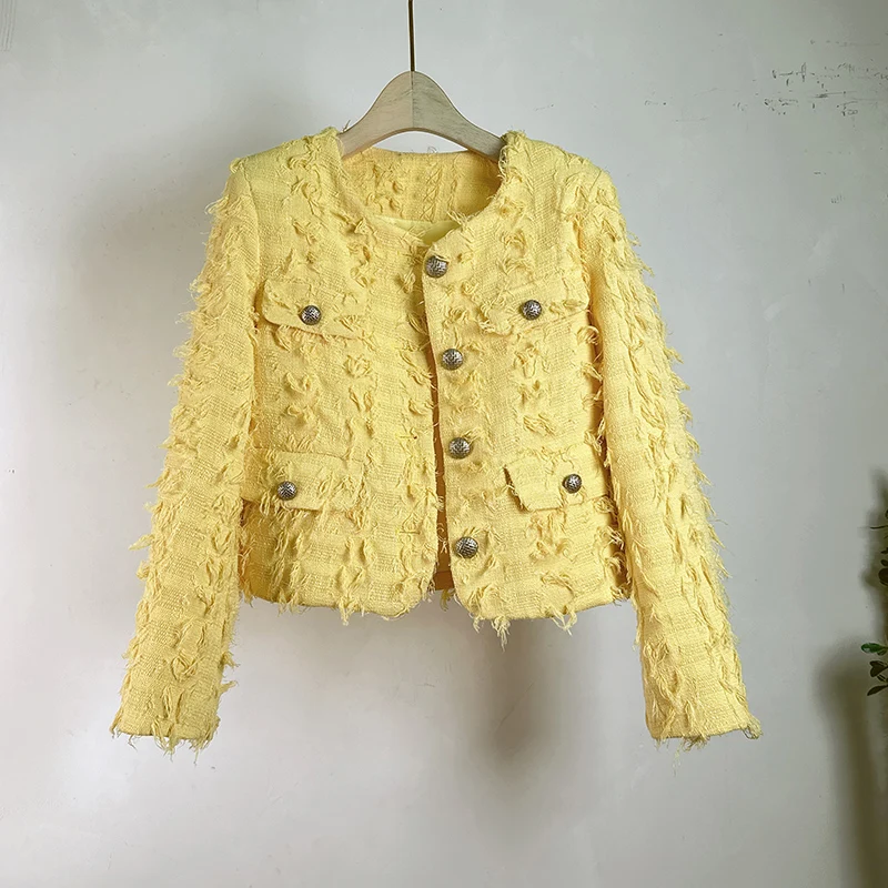 

High Quality New Autumn Winter Yellow Tweed Short Jacket Coat French Women Round Collar Single Breasted Tassel Woolen Outwear