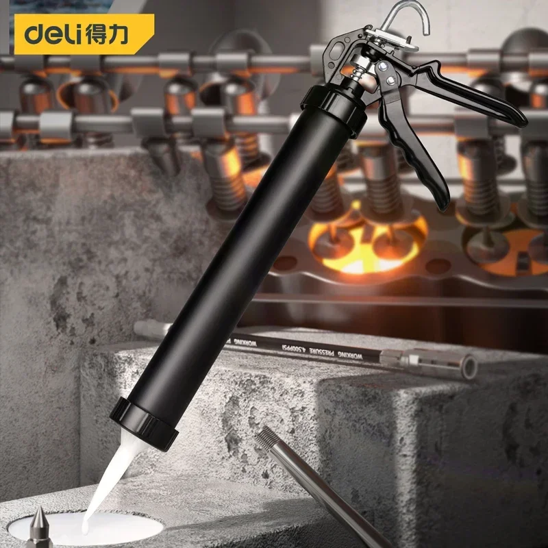 deli-15''-black-glue-press-gun-multifunctional-portable-industrial-hand-tool-three-axis-force-saving-cylindrical-caulking-gun