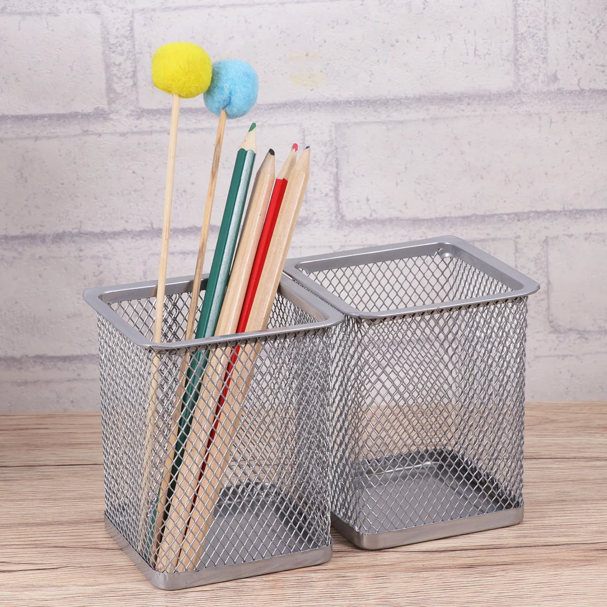 

2 Pcs Metal Hollow Pen Holder Pot Square Pencil for Desk Silver Mesh Screw Container Office Makeup Brush Organizer