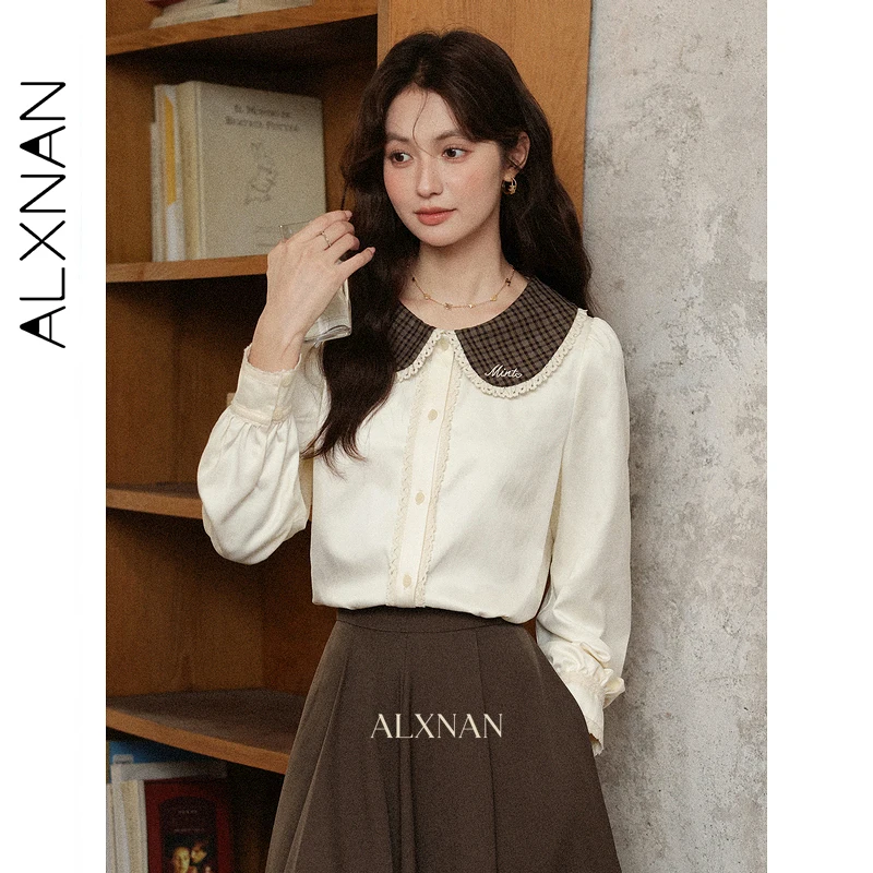 

ALXNAN Doll Collar Shirt Vintage Plaid Splicing Women's Autumn Elegant Long Sleeve Blouses 2025 Causal Office Lady Tops L57503CS