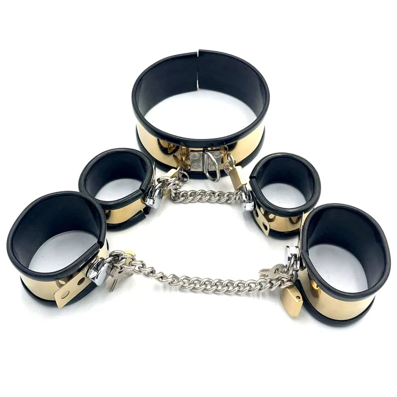 Metal Chastity Belt 3pcs/Set(Neck Collar Hand Ankle Cuffs) BDSM Bondage Sex Toys for Woman Men Handcuffs Sexual Adult Toy