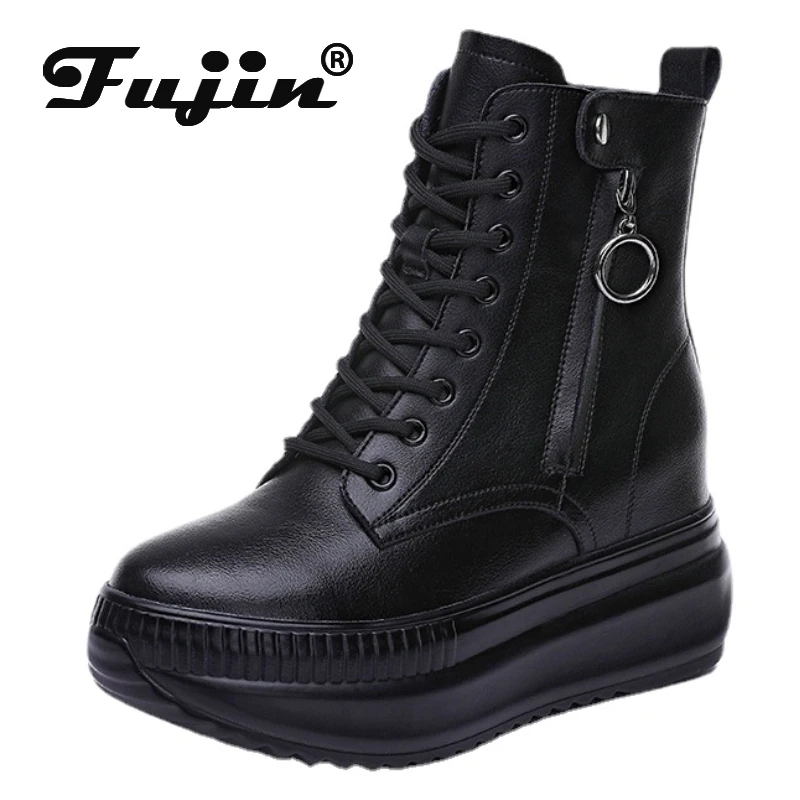 Fujin 8cm New Genuine Leather Platform Wedge Hidden Heel Women Ankle Boots Casual Chunky Sneakers High Heels Spring Autumn Shoes