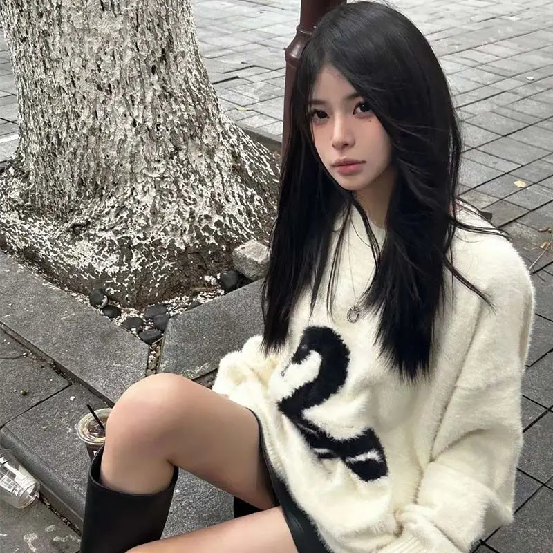 Deeptown Y2k White Gothic Print Women Sweater Oversized Harajuku Korean Fashion Knitted Pullovers Snake Autumn Warm Streetwear