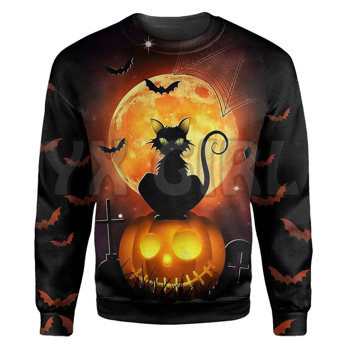 Preto gato sol e lua dia das bruxas 3d impresso sweatshirts masculino para mulher pullovers unisex topos