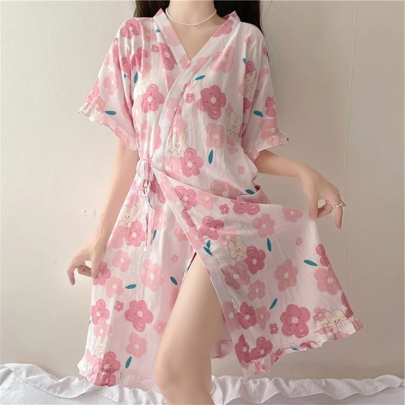 plus Size Floral Print Sleep Robe Women's Home Clothes Gown Thin Summer Mid-Length for Heavy Girls 2300 Pounds 3