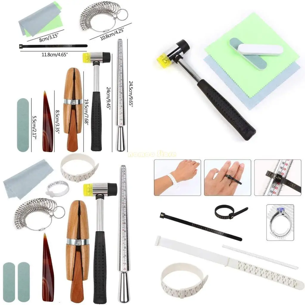 

31BF 11Pieces Ring Sizer Mandrel Set Ring Mandrel Rubber Hammer Ring Sizer Gauge Polishing Tool for Jewellery Making Craft