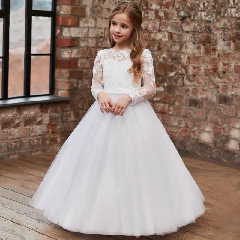 

Flower Girl Dresses White Tulle Lace Flory Appliques Long Sleeve For Wedding Birthday Banquet First Communion Gowns