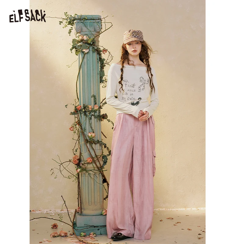 ELFSACK Women's Loose Fit Cargo Pants with Side Pockets, Pink Casual Wide Leg Trousers for Everyday, Stylish Streetwear Bottom