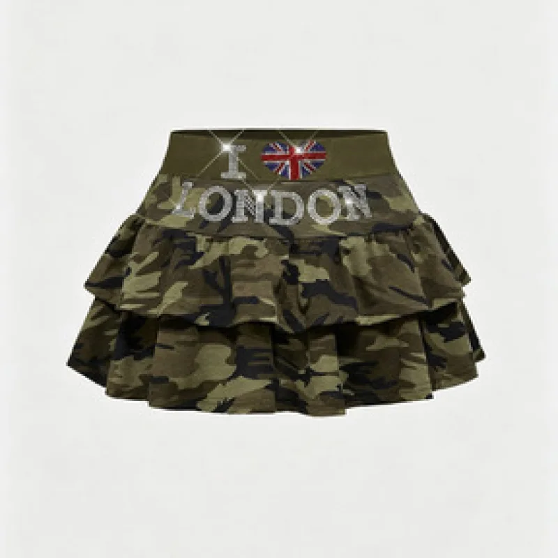 Camouflage Layered Ruffle Mini Skirt London Letter Rhinestone Decor Elastic Waist Y2K Casual Short Skirt