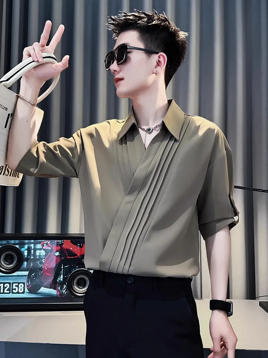 

V-Ne Men's ort Sve irt Ice Silk Seven-Five Middle Sve Summer Faionable Brand Men's Clothing Stand Fit Pure C...