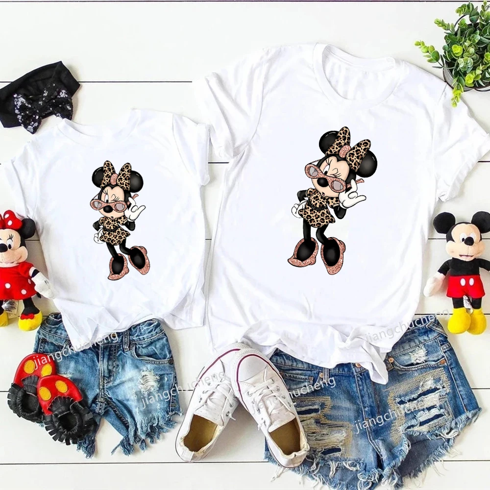 New Leopard Minnie Mouse Family Shirts Cotton Matching Mother and Daughter Tshirt Baby Rompers Kawaii Family Look Disney Clothes