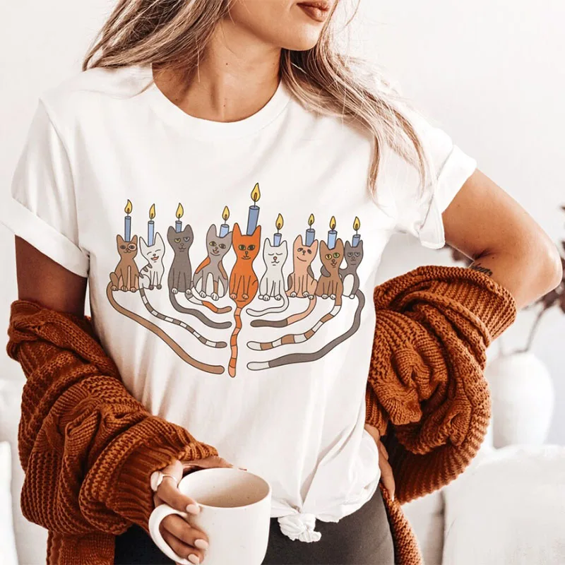 

Funny Candlestick Cat Hanukkah Women's Short Sleeve Holiday Celebrations Jewish Hanukkah Gift Daily use