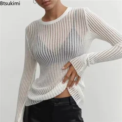 New 2024 Fashion Women White Striped See Through Tops outfit eleganti t-shirt a maniche lunghe Tees abbigliamento da festa per Club Skinny femminile