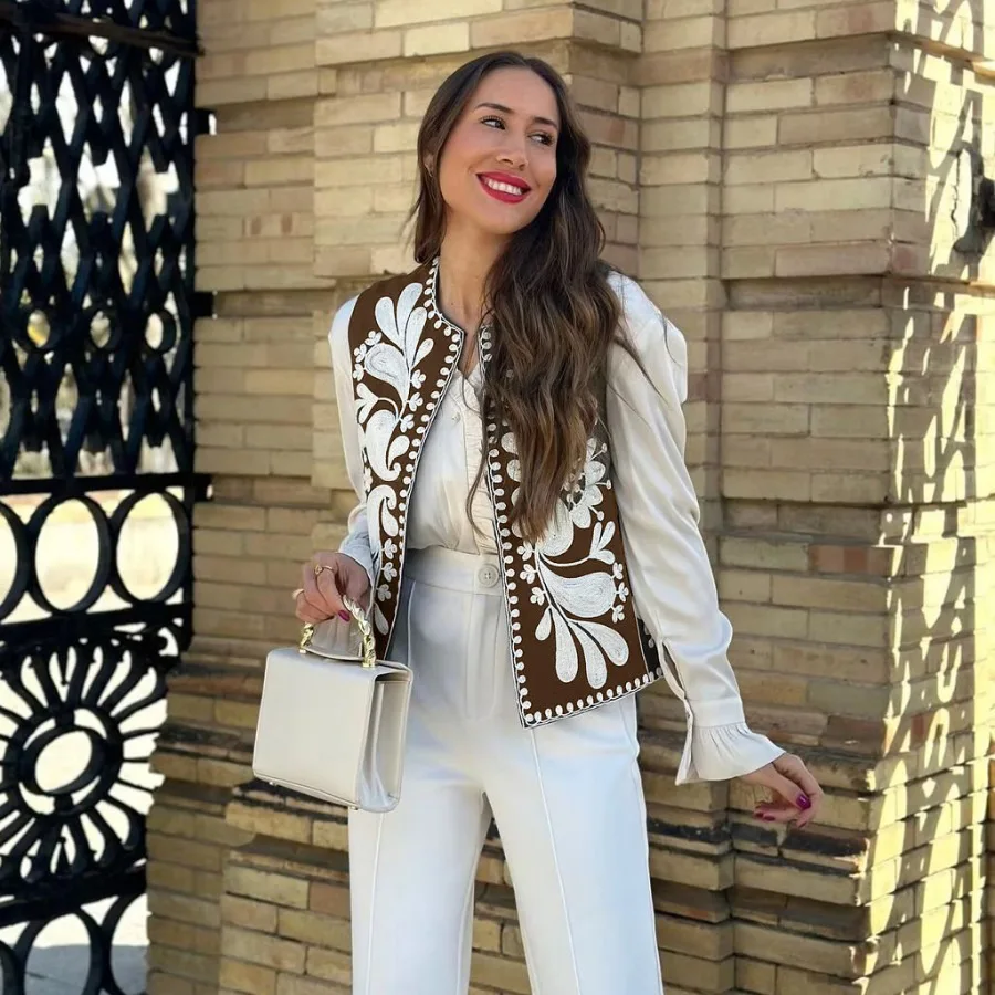 سترة نسائية مطرزة بالزهور سترة صيفية غير رسمية عتيقة Y2k سترة صدرية ملابس خارجية فضفاضة أنيقة للسيدات #6