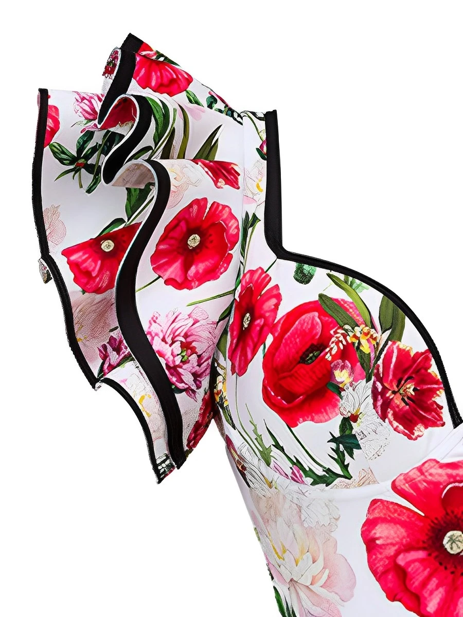 2024 Push Up Floral Frill Shoulder Swimsuit Women One Piece Swimwear Female Beachwear Bathers Bathing Swimming Swim Suit