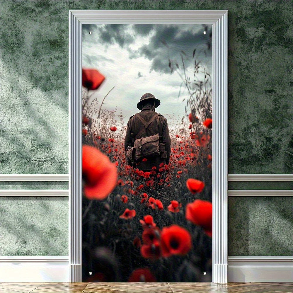 2D flat banner, 1 war and peace door curtain banner with warrior and poppy flower design, suitable for weddings