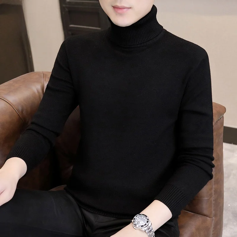 

Bla Thiened High Collar Knitted Sweater for Men Slim Fit Winter Faionable Youth Active Sle Long Sve Crew Ne