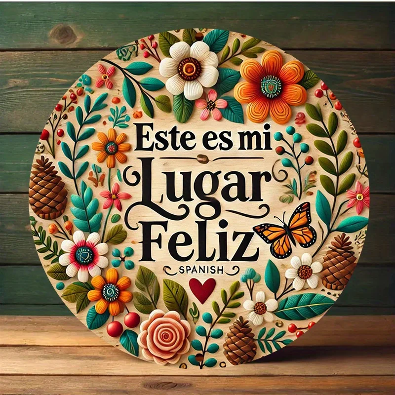 [فن حائط إسباني عتيق] لوحة فنية جدارية خشبية ذات اقتباس إسباني عتيق - علامة زخرفية "Esta Es Mi Lugar Feliz" مع زهور وبوتاني