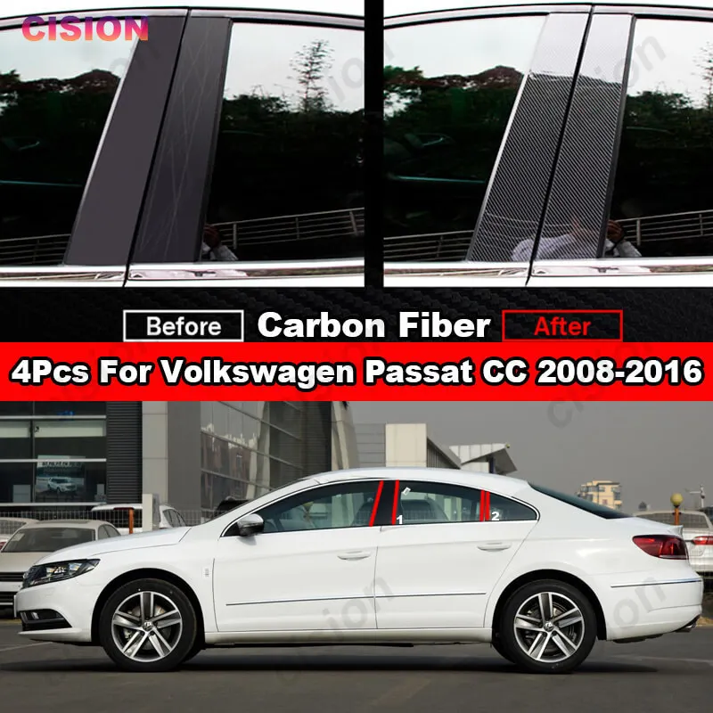 For Vollswagen VW Passat CC 2008-2016 4Pcs Car Door Window BC Pillar Post Cover Trim Mirror Effect Black Carbon Fiber PC Stciker