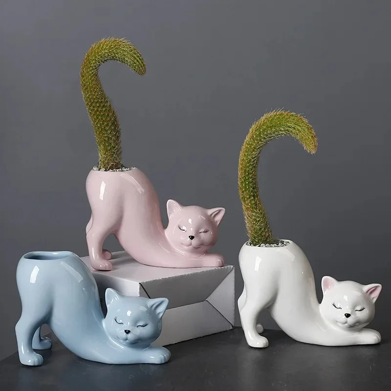 Creative Cute Cat Shaped Ceramic Planter, Cute Animal Succulent Cactus Pot for Home Garden Office Desk Decor