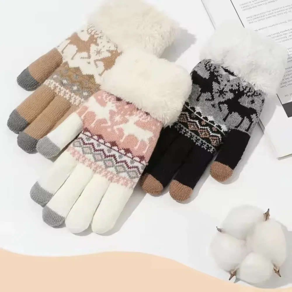 

Новые рождественские перчатки с манжетами и оленями, теплые холодостойкие варежки с сенсорным экраном, зимние перчатки с полным пальцем, осень-зима