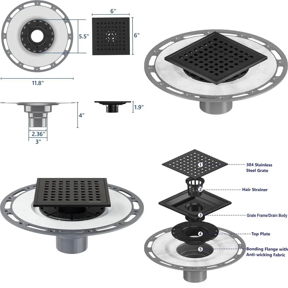 6 Matte Black Square Shower Drain with Removable Grate and Waterproof PVC Base for Low Profile Shower Pan
