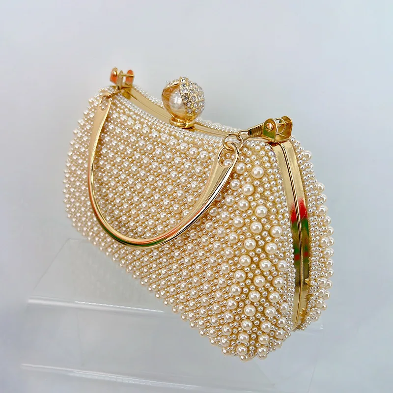 

Retro Classic Small Clutch Metal Handle Handbags For Women Champagne Gold White Pearl Evening Bag Prom Party Chain Shoulder bags