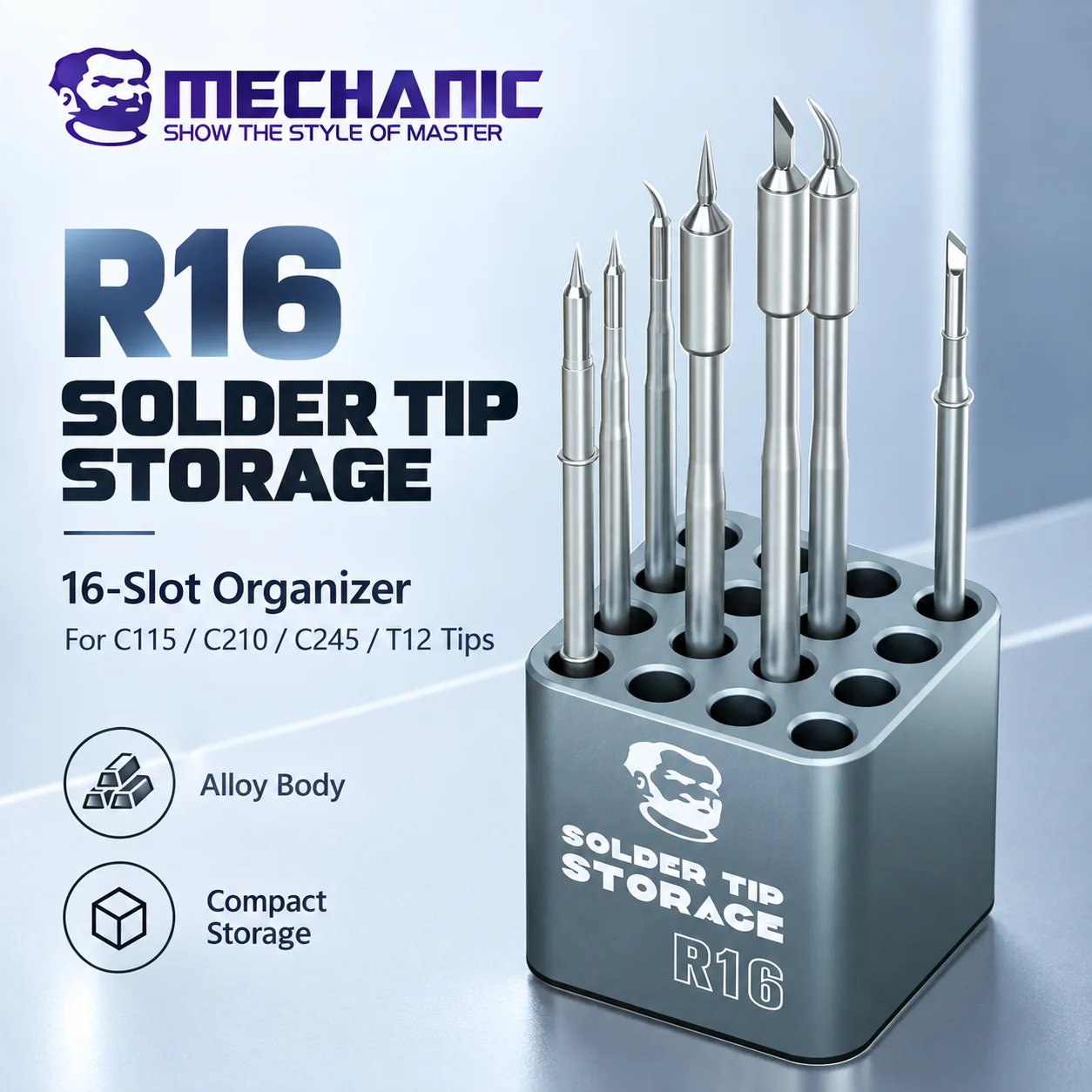 【MECHANIC】 R16 Multifunktionale Lötkolbenspitzen-Aufbewahrungsbox für C210 C245 C115 T12 Heizkern-Organizer Schweißkopfhalter