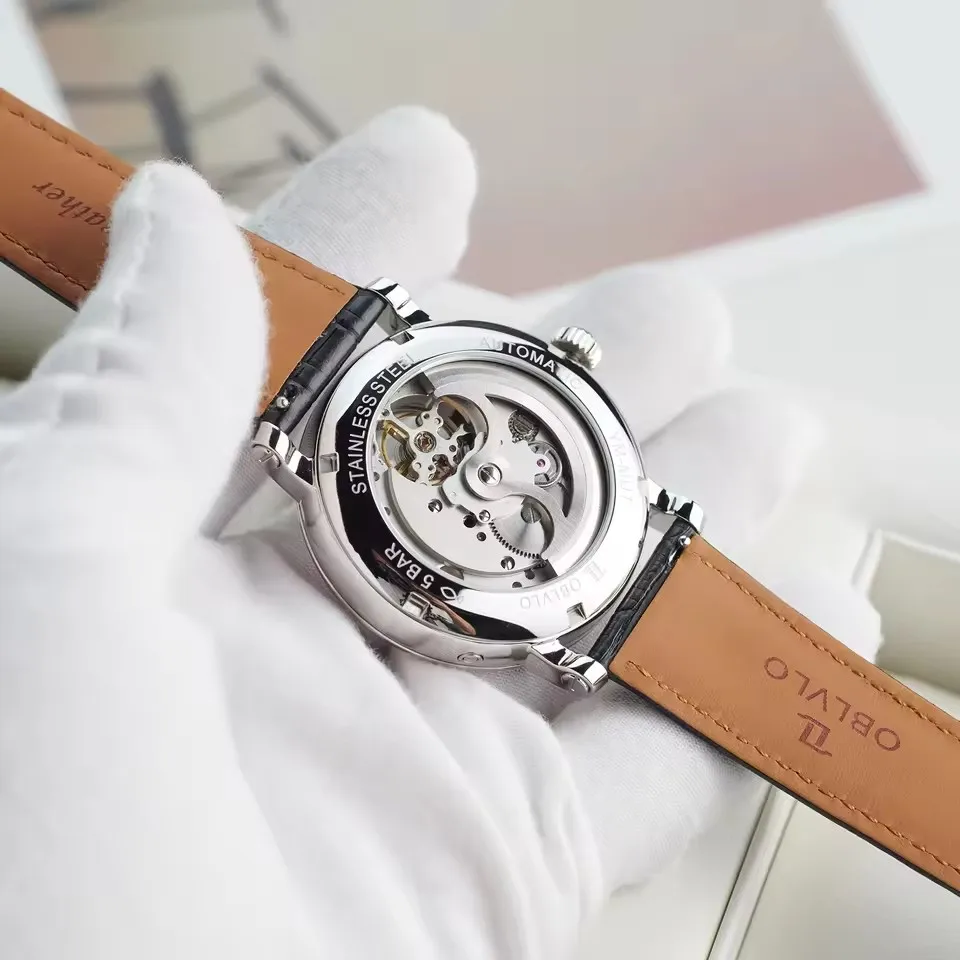 OBLVLO Мужские автоматические часы 42 мм Механические наручные часы Светящийся скелетонизированный циферблат Сапфировый римский номер Месяц, тиждень, дата, 24 часа