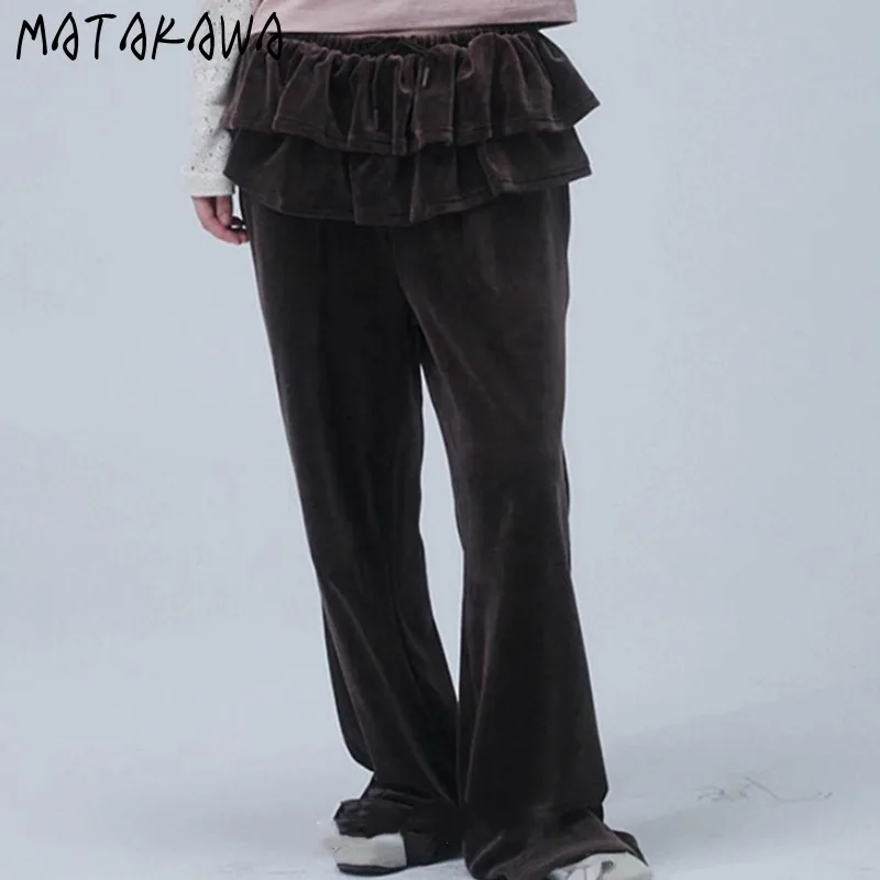 Matakawa Double Layered Ruffles Corduroy Women Pants Autumn Winter Solid Vintage Pantalones De Mujer Fashion Y2k Trousers