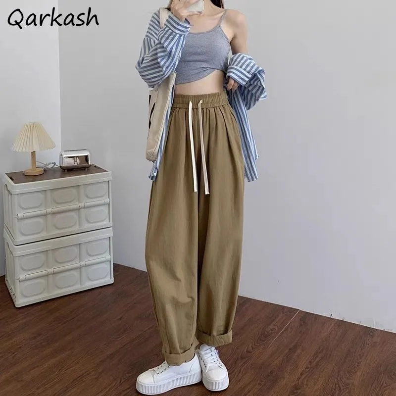 

Solid Wide Leg Pants Women Spring Fall High Waist Casual Trousers Loose All-match Soft Streetwear Pockets Lace-up Korean Style