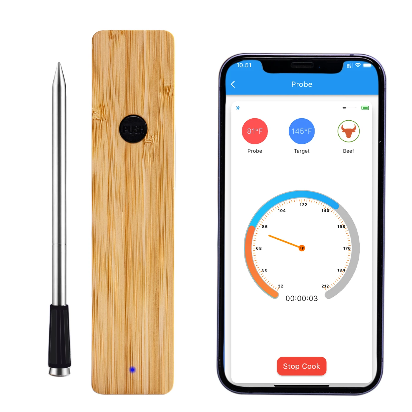 RAYFURN Termómetro inalámbrico Bluetooth para carne de vacuno, Termómetro recargable de temperatura para carne de vacuno