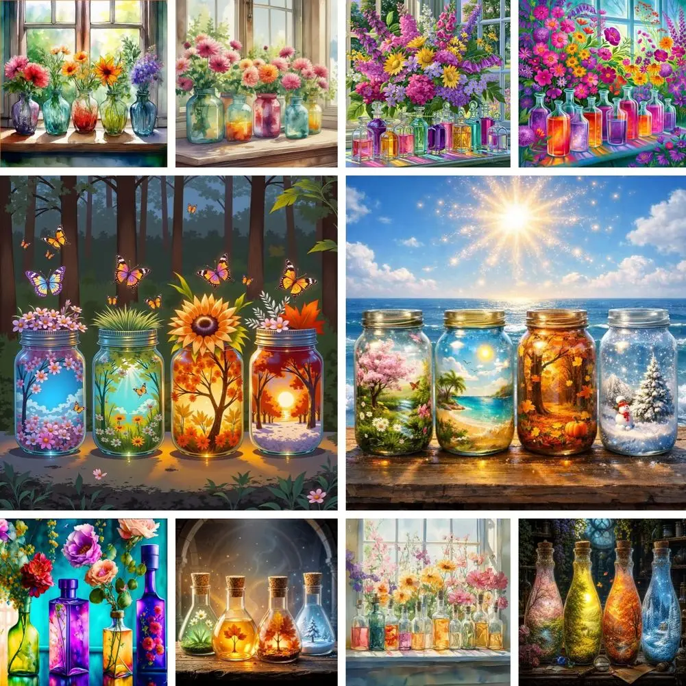 Full Square Drill Dreamy Glass Bottles Diamond Painting Kit Adults Four Seasons Mason Jars Landscape Relaxing Hobby Home Decor