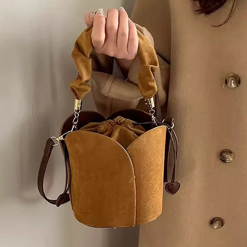 Women's New Suede Solid Color Bucket Handbags High Grade Drawstring Composite Bags Chic All-Match Versatile Crossbody Bag