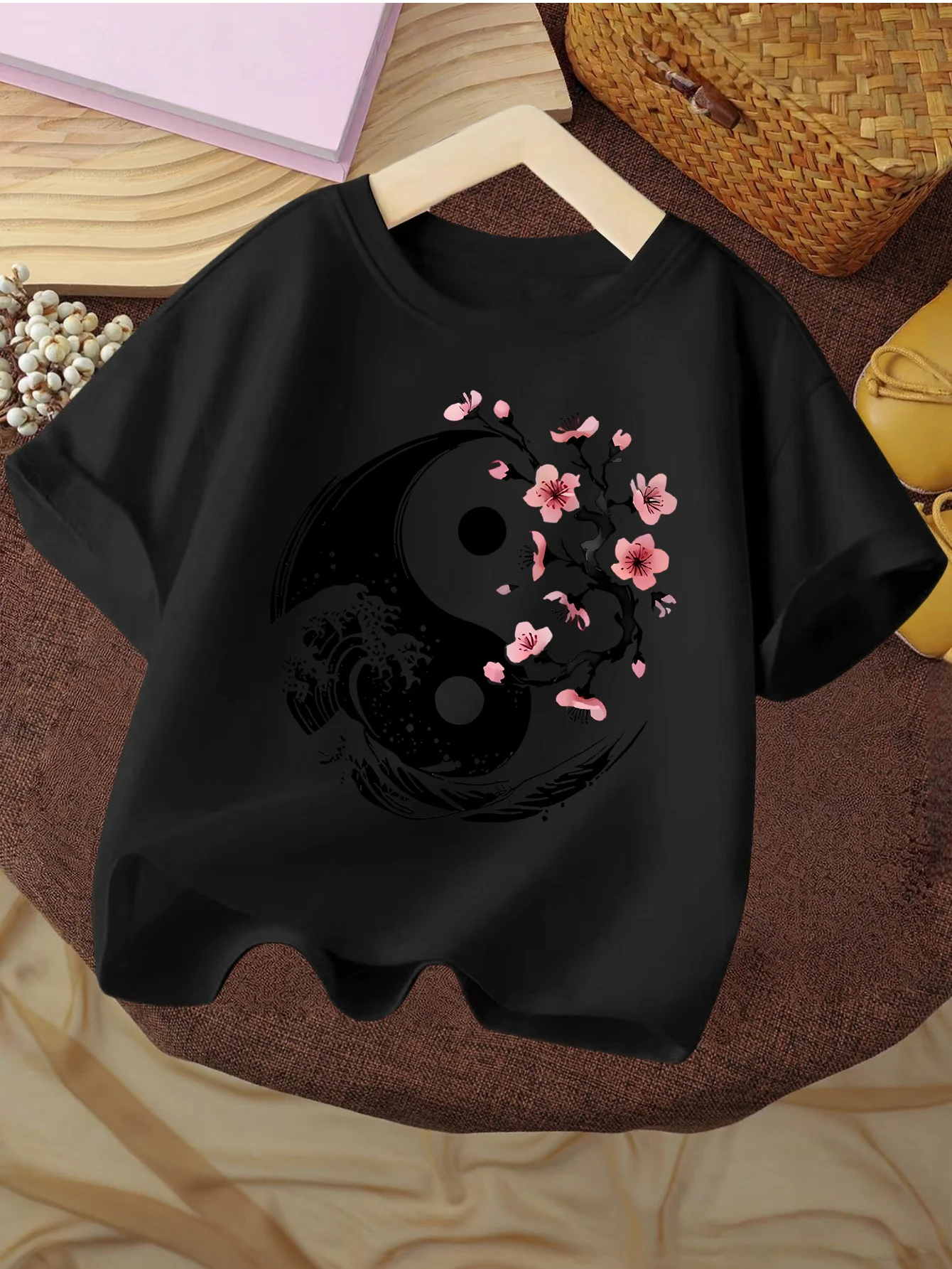 Kids Tee Traditional Yin Yang Pattern With Plum Blossom Ocean Wave East Style Print Short Sleeve Cotton Children Casual Wear