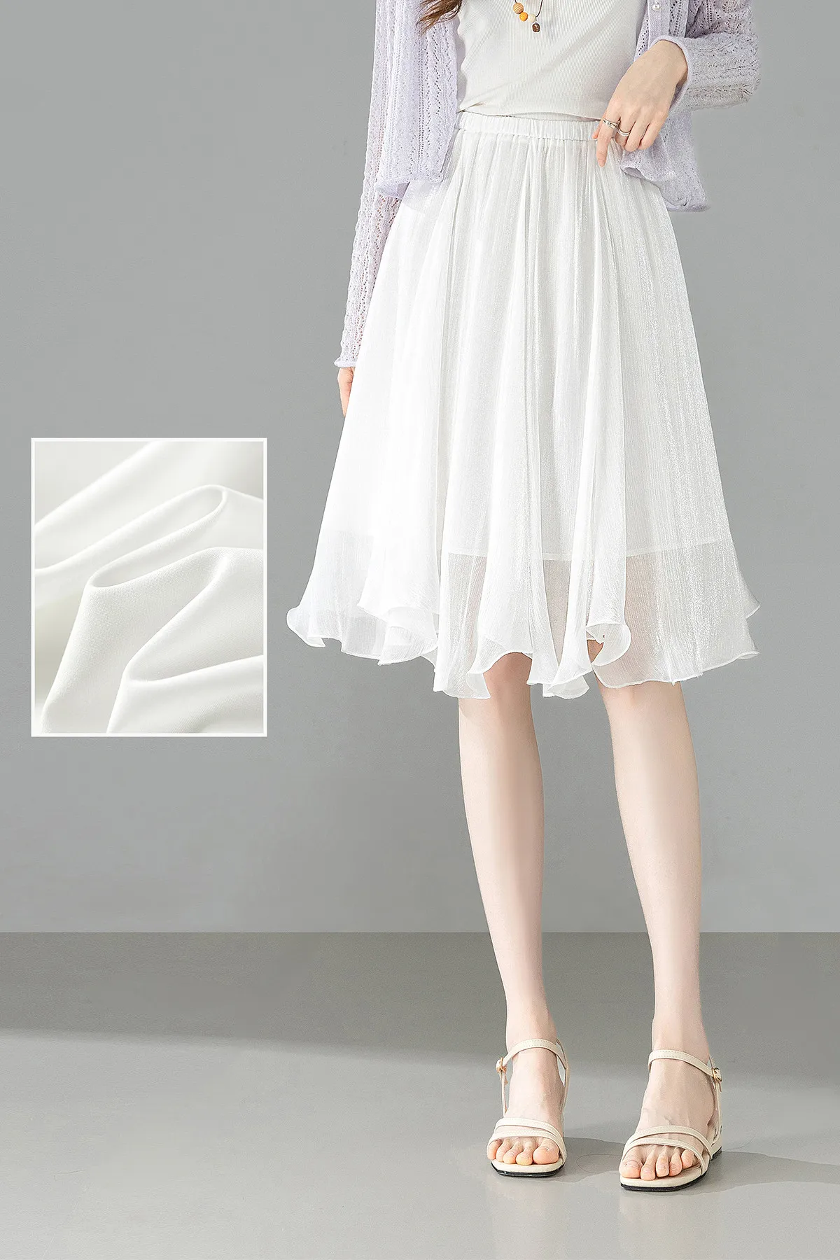 SENTUBILA Weißer Chiffon-Schimmerrock für Damen, Sommer 2026, Eleganter, Elastischer Bund, Unregelmäßiger, Lässiger Schirmrock Q62QG7308 – Detail 18