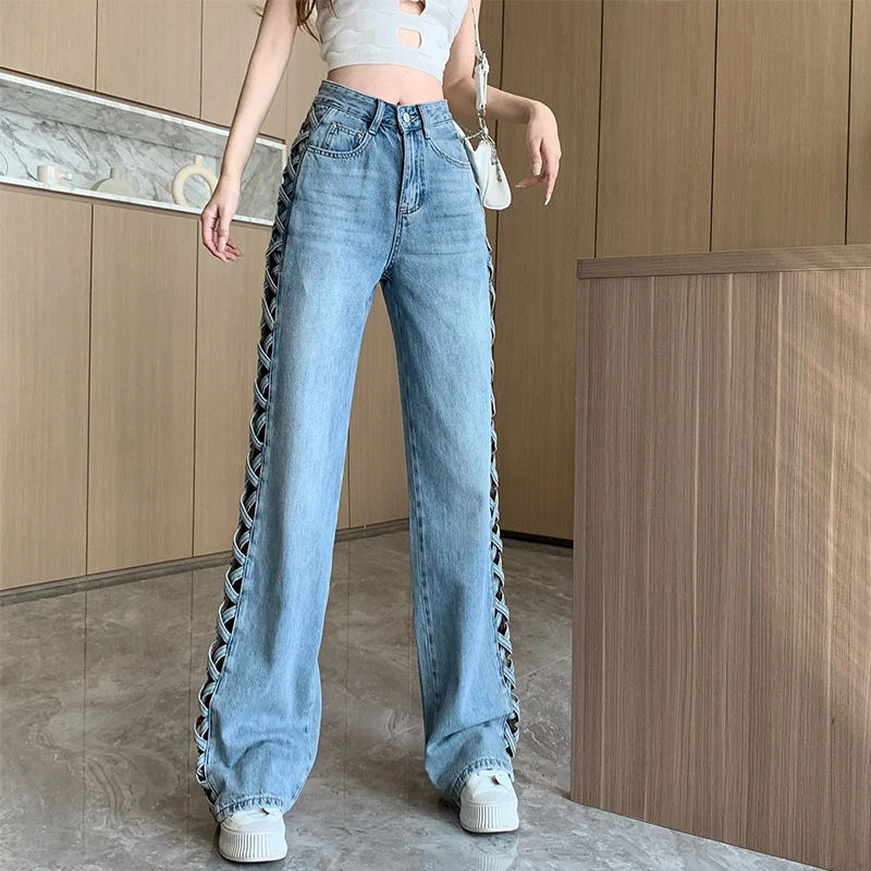 Fashion Braid Hollow Out Women Jeans High Waist Straight Denim Pants Spring Summer Casual Wide Leg Trousers Streetwear