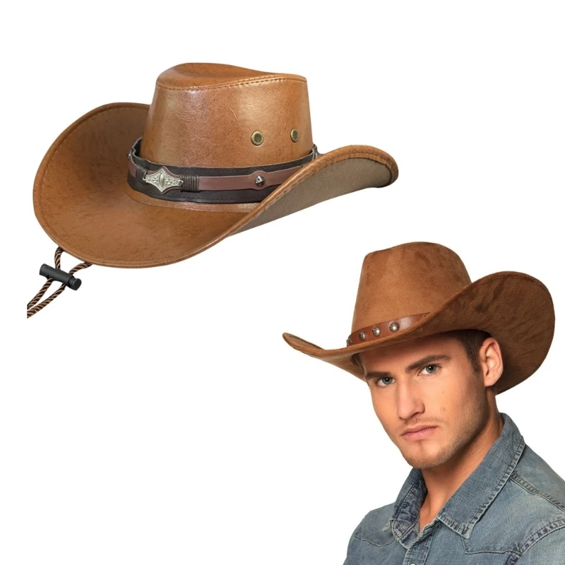 Adult Punk Cowboy Hat Large Brim Hat Rolled Brim Fedoras PU Leather Cowboy Hat with Adjustable Chin Rope