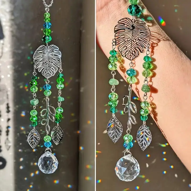 Crystal Monster Leaf Sun Catcher Vibrant Green Hanging Decor Indoor/Outdoor Home Garden Wall Decor Car Rearview Mirror Pendant