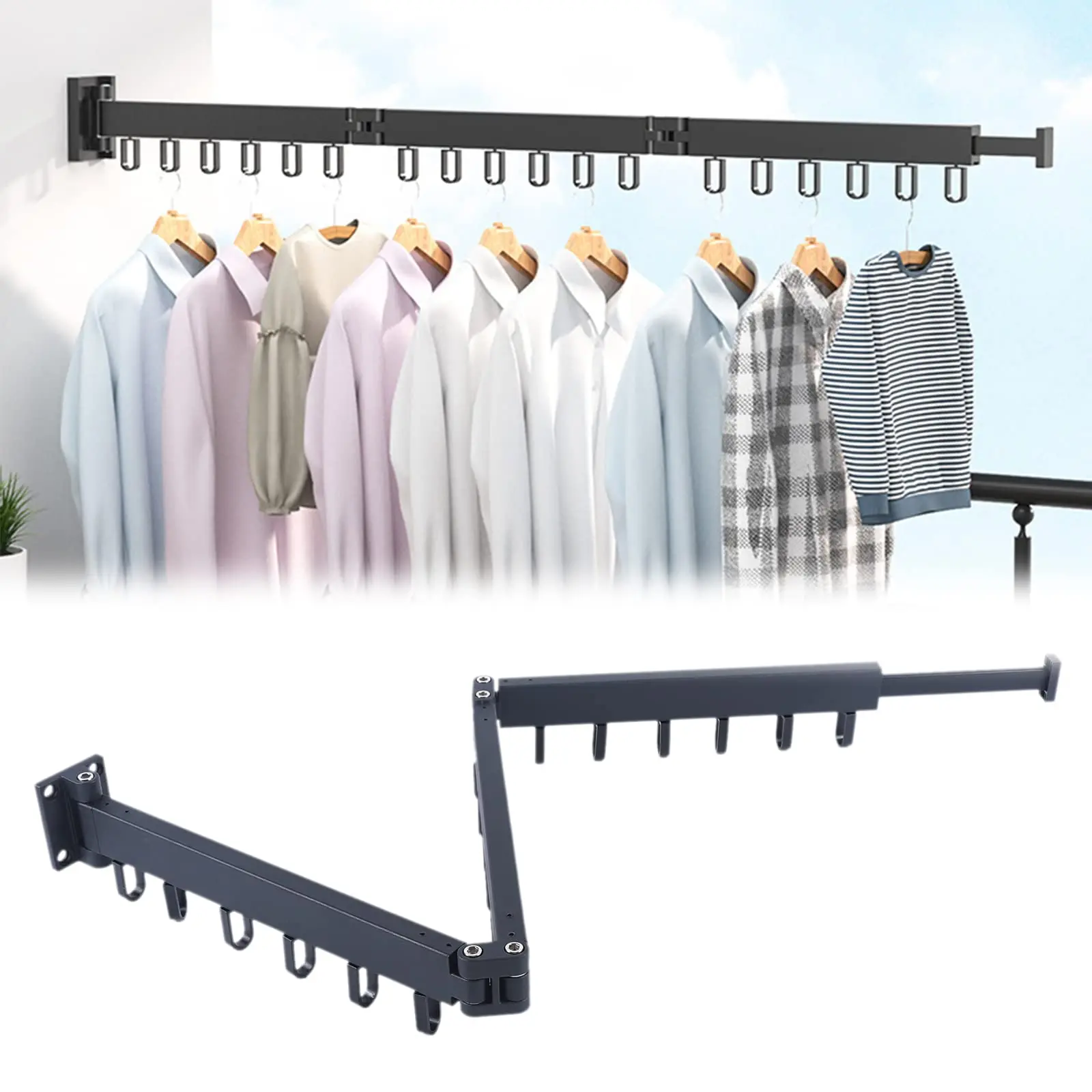 

Gdrasuya10 Clothes Drying Rack Foldable Wall Mounted Clothes Shelf Strong Load-Bearing Tool Retractable Tri-fold Laundry Drying