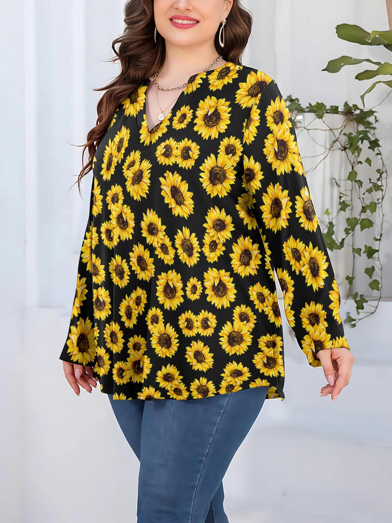 Sunflowers Women Shirts Pretty Florals 3D Printed Tops V-neck Long Sleeve T-shirts Over Size Famale Casual Clothing L-5XL