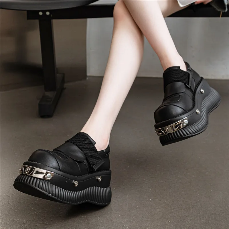 Custom Casual Platform Leather Shoes Niche Subculture Spice Girl Thick Sole Big Head Sweet Cool White Metal Deep Mouth