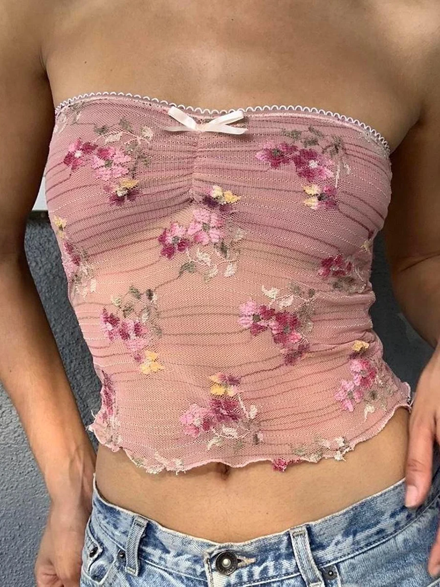 

Fairy Grunge Women Tube Tops Bandeau Flower Embroidery Bow Decor Strapless Wrap Chest Tank Tops Summer Backless Crop Tops